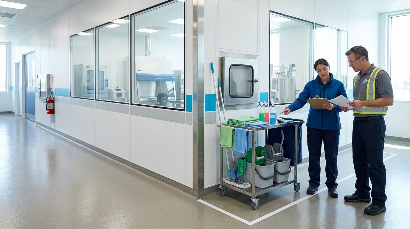 Facilities lead and cleaning supervisor reviewing approved boundaries outside a cleanroom
