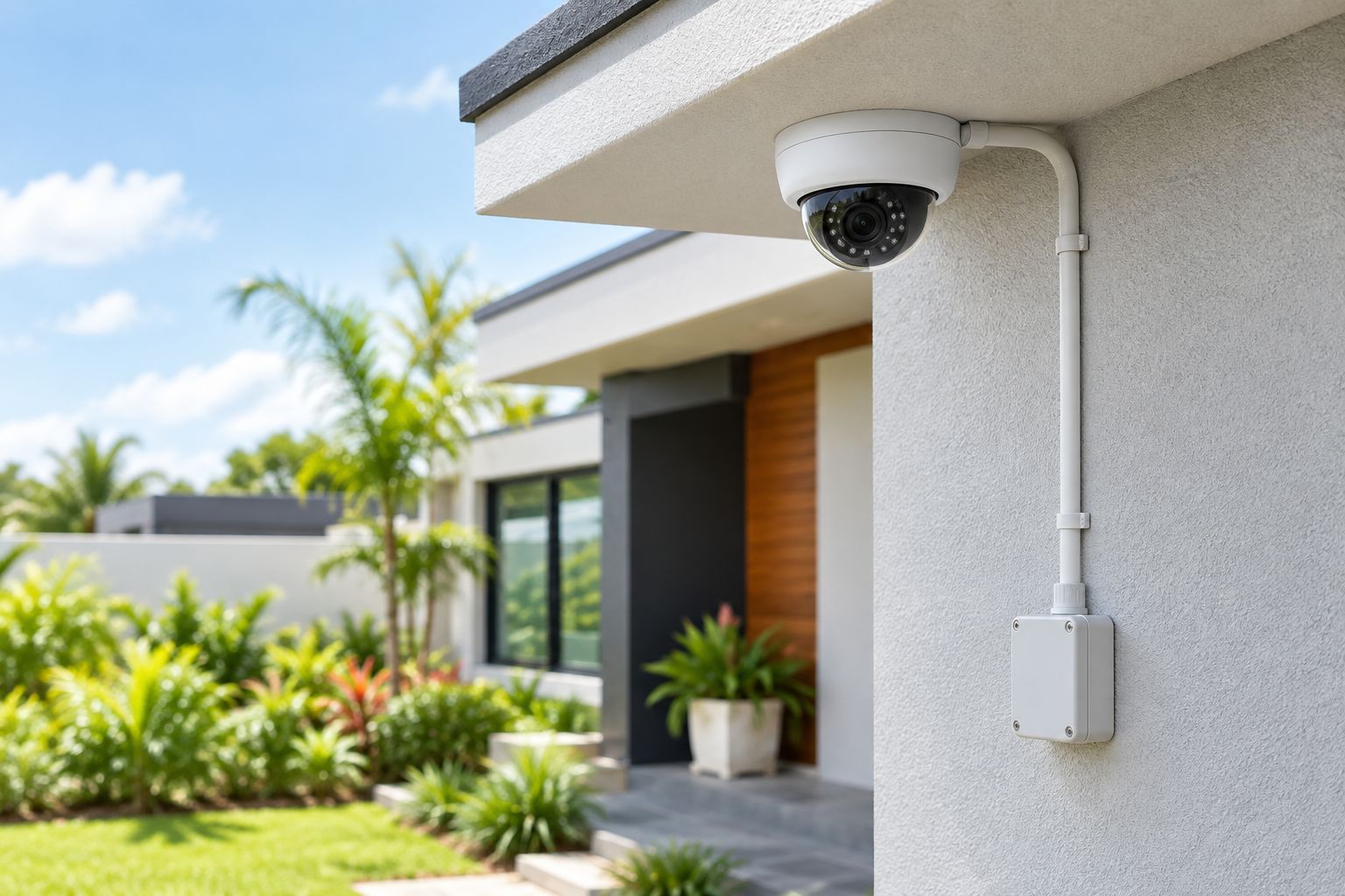 CCTV Camera Price in Kenya (2026): What Drives Cost 3 Dome CCTV camera mounted under a roof eave with cable running to a junction box