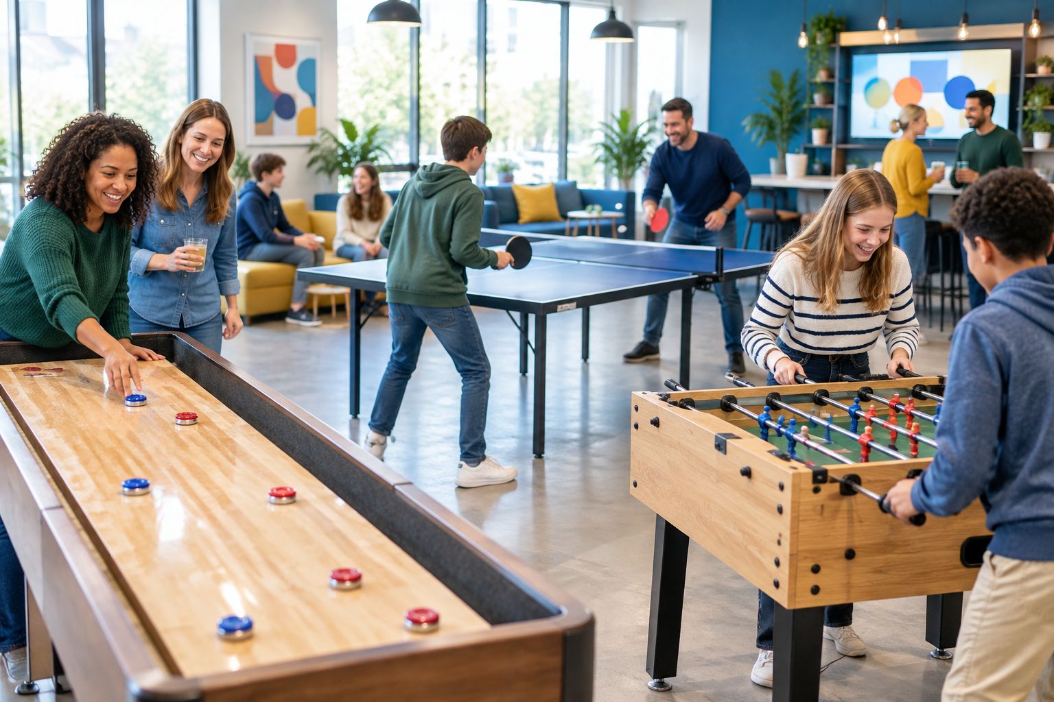 Adults and children rotating between games in an indoor activity bar