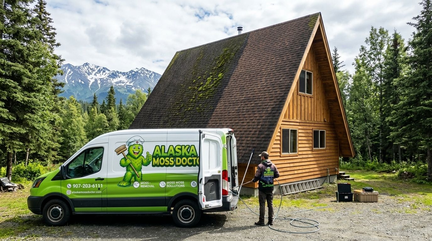 Soft wash roof cleaning for A-frame cabins