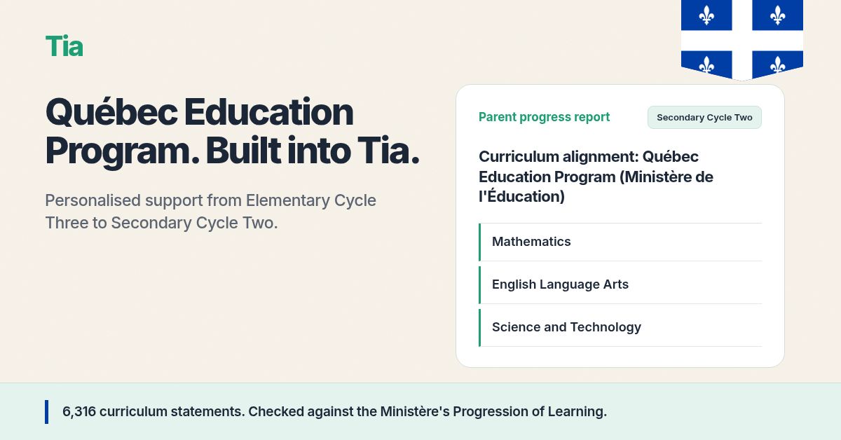 Tia Quebec curriculum progress report showing the Québec Education Program cycle structure and provincial flag