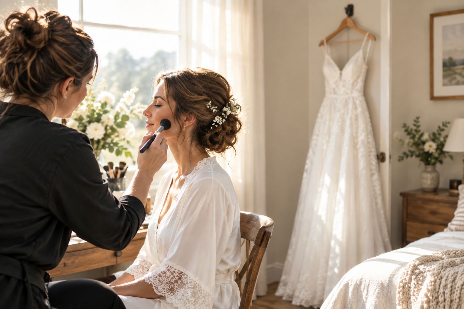 Bride getting ready in soft morning light before a wedding ceremony