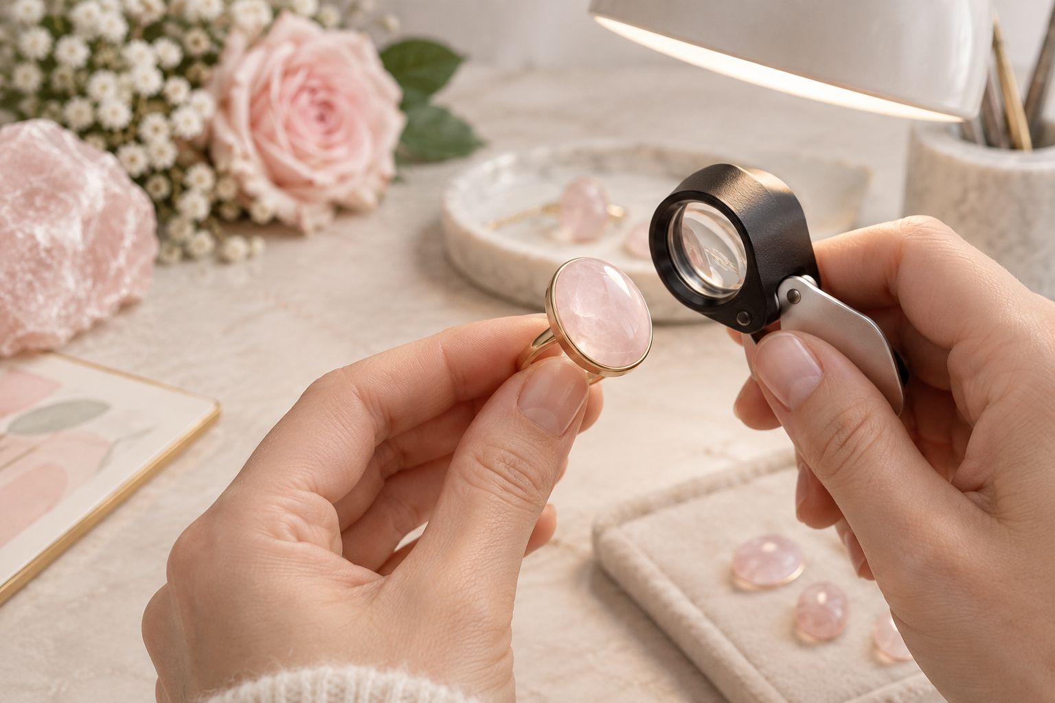 Jeweler's loupe inspection of a rose quartz cabochon ring for clarity and color