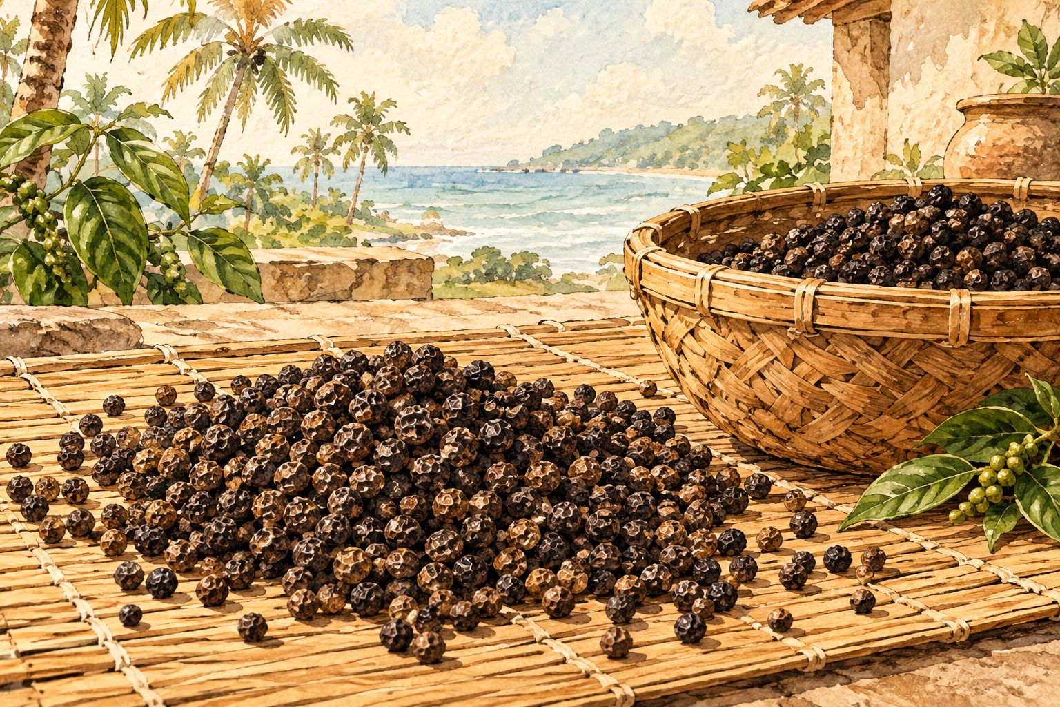 Sun-dried black peppercorns spread on a bamboo mat