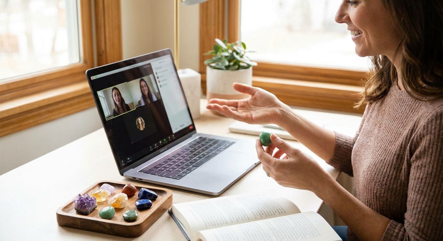 A woman holding a green stone during an online video consultation