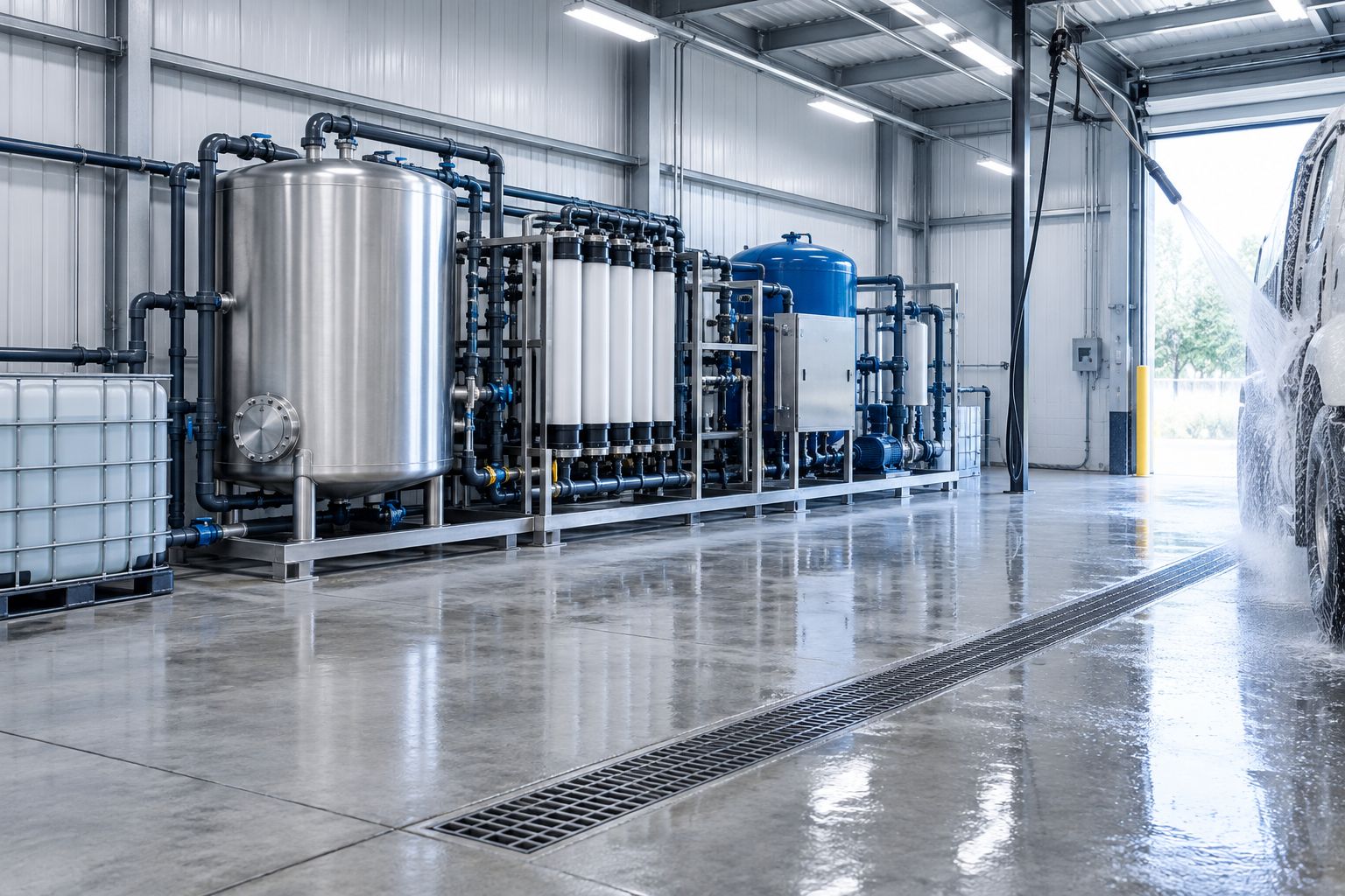 Industrial wash bay with closed-loop water treatment tanks along the back wall