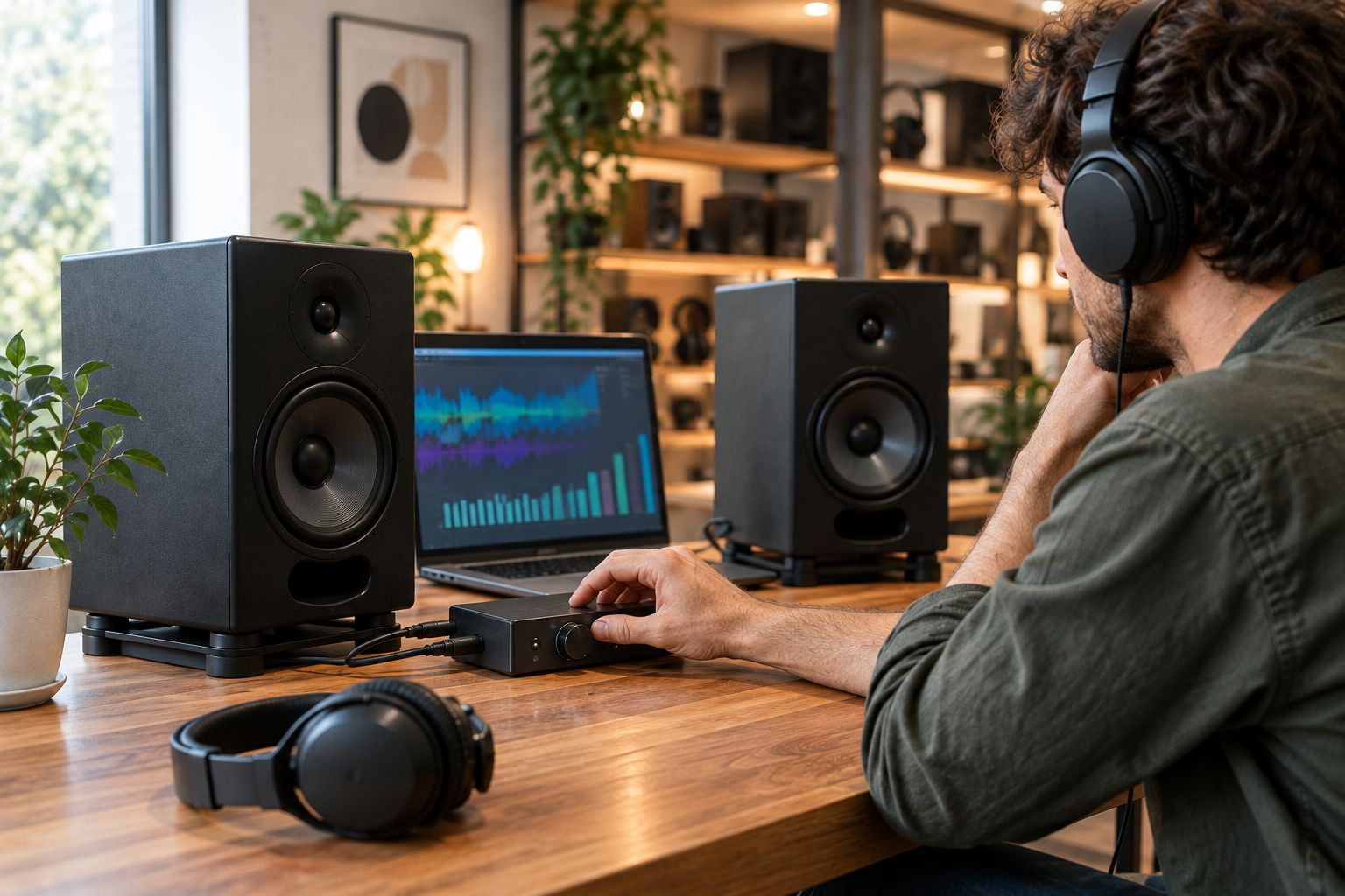 Customer testing a pair of used studio monitors in a store demo room