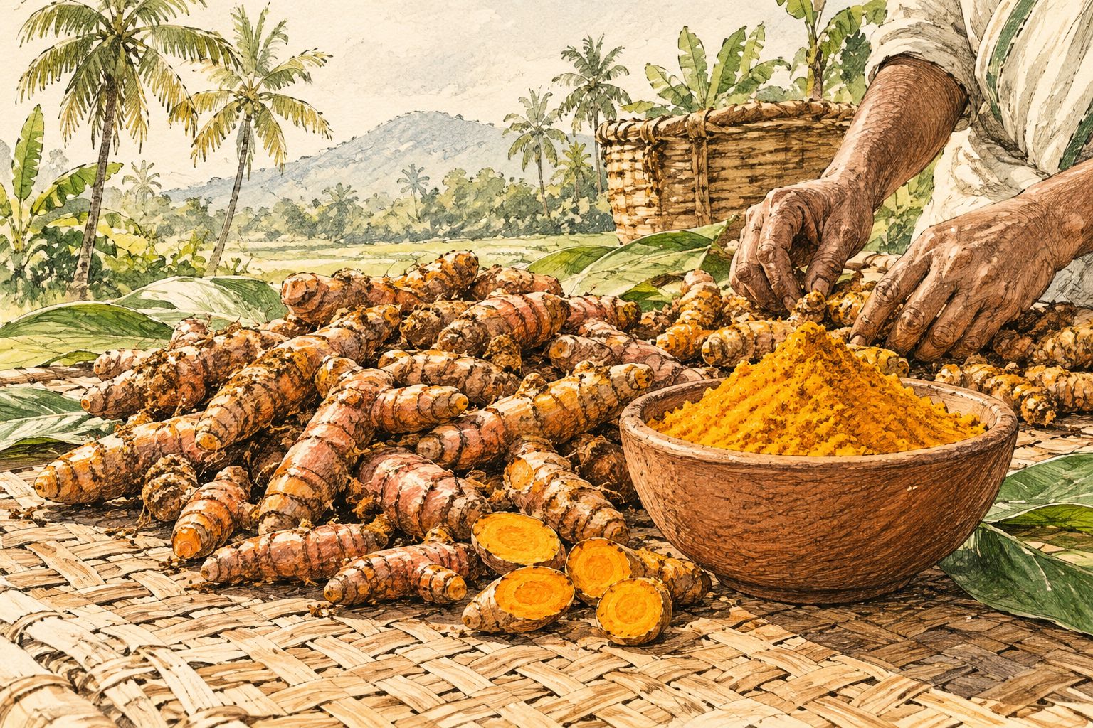 Turmeric rhizomes drying in the sun at a Kerala farm