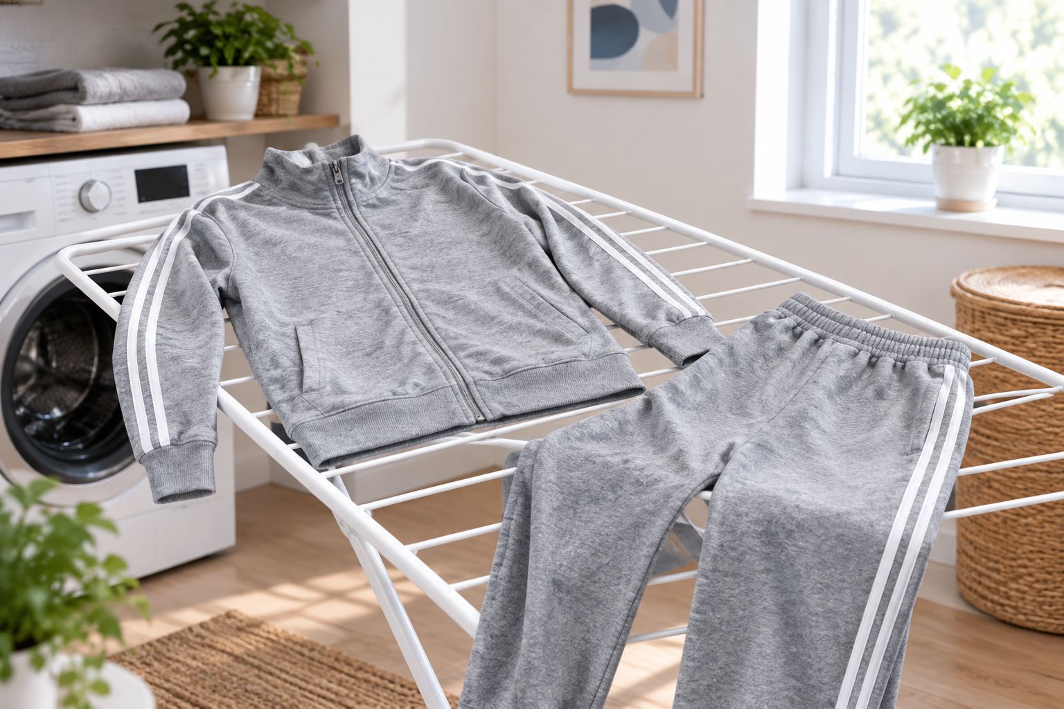 Tracksuit laid flat on a drying rack instead of a tumble dryer
