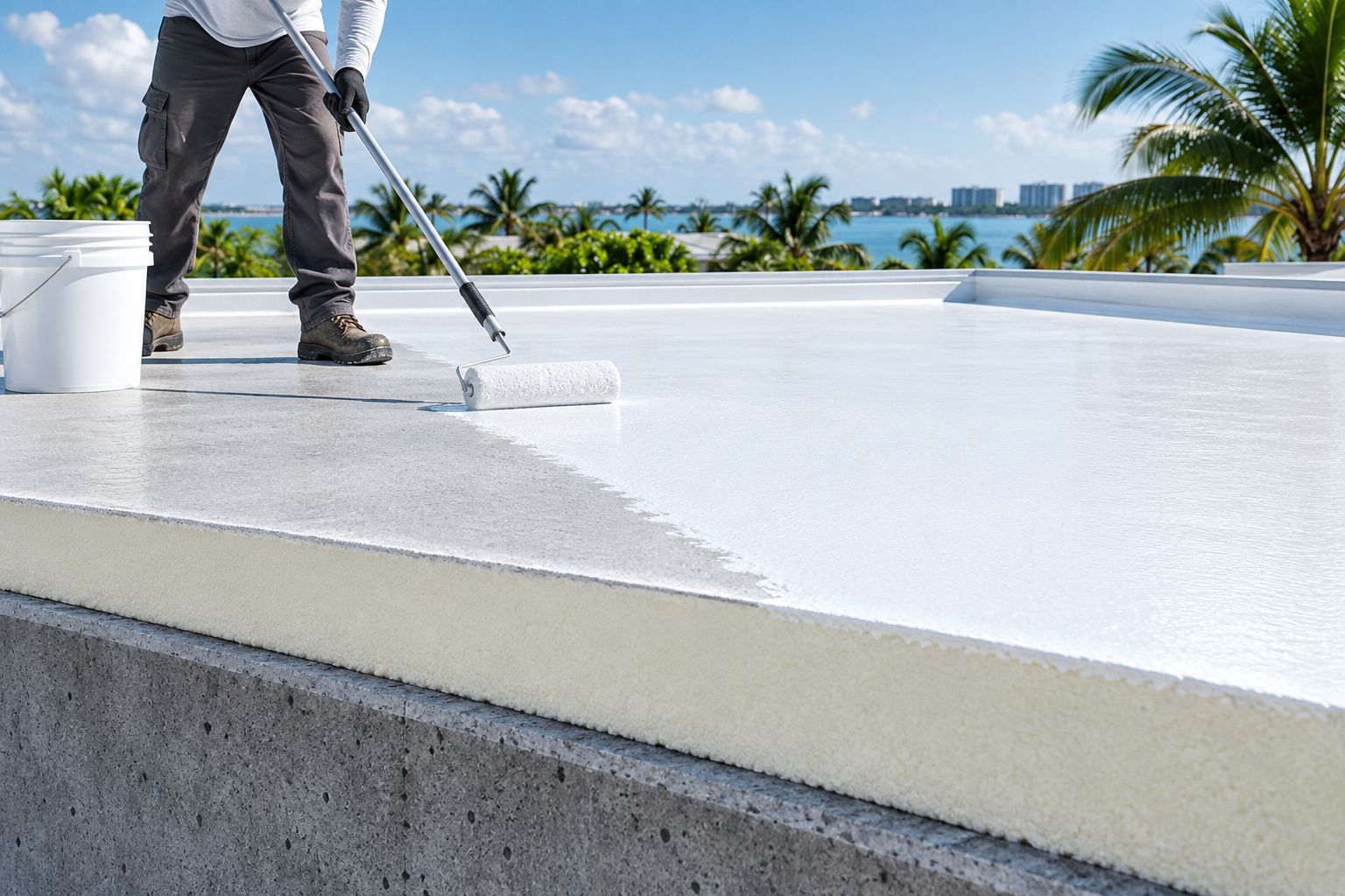 Flat roof with a foam insulation layer beneath a white reflective topcoat