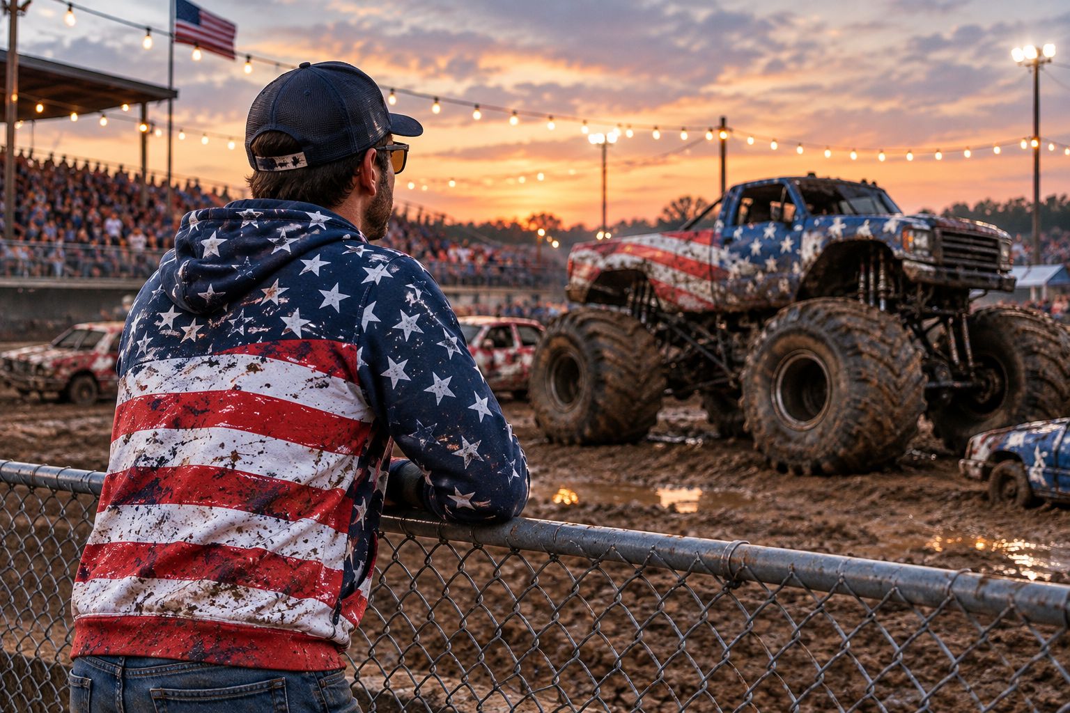 Spectator in a dark hoodie and trucker hat at a dusty demolition derby pit lane