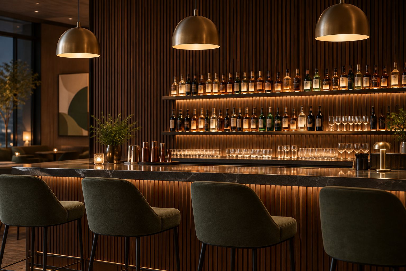 Dark wood slat panel wall behind a hotel bar