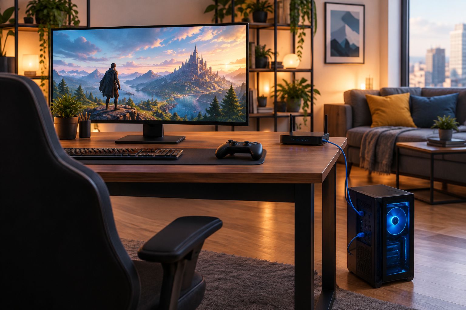 Cloud gaming desk setup with monitor, desktop PC and a wired ethernet connection