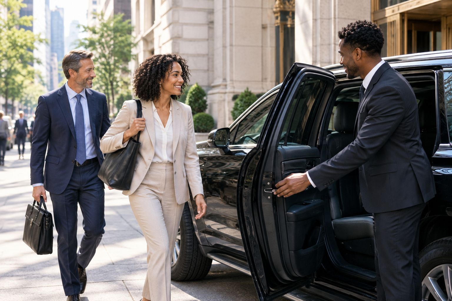 Chauffeur opening the door of a black SUV for two professionals outside a Manhattan building