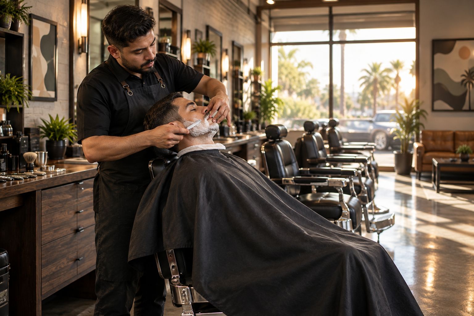 Classic barbershop interior with a barber giving a straight-razor shave