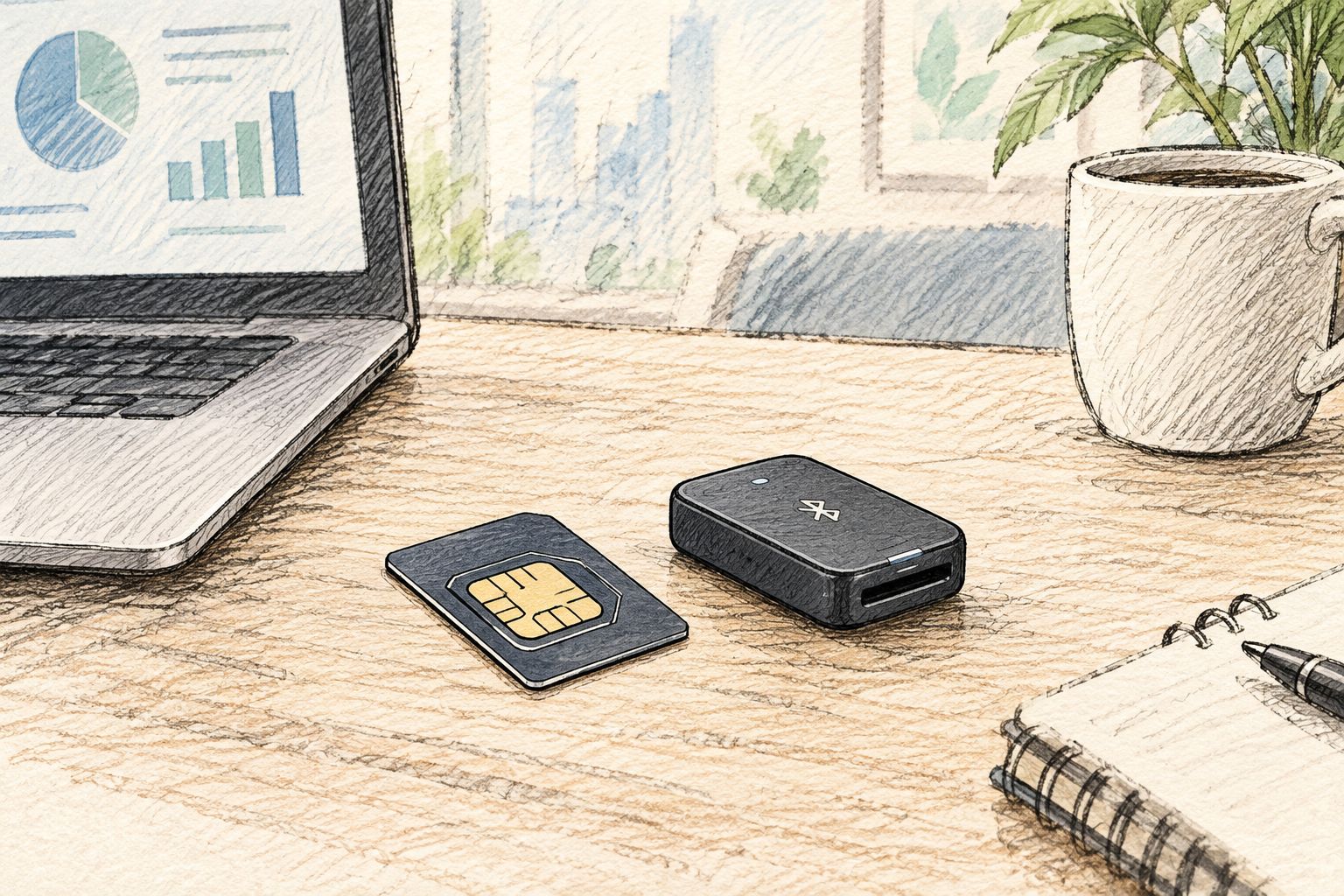 eSIM adapter card next to a Bluetooth card reader on a desk