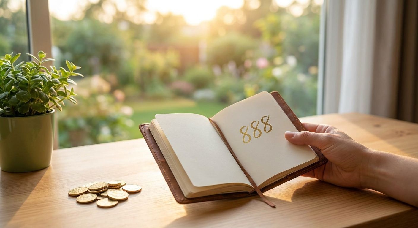 A hand holding an open notebook marked 888 beside coins and a plant