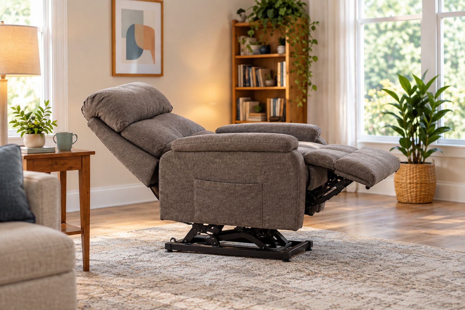 Lay-flat lift chair reclined nearly flat in a living room