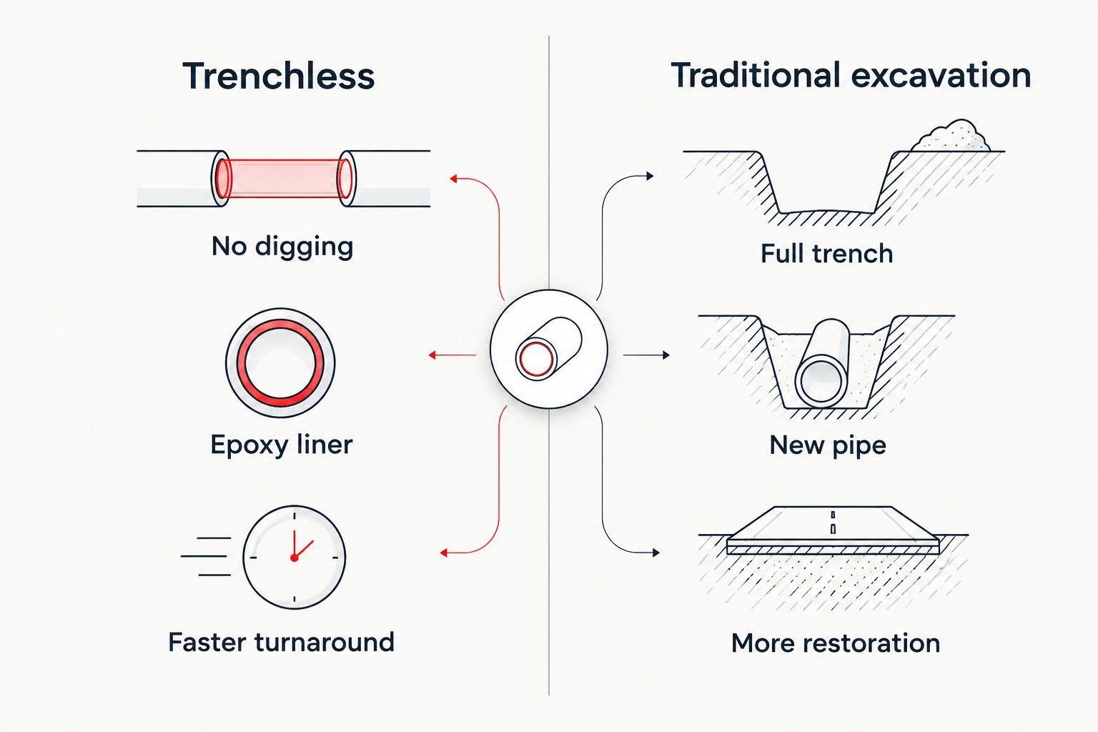 Two column comparison of trenchless repair versus traditional excavation