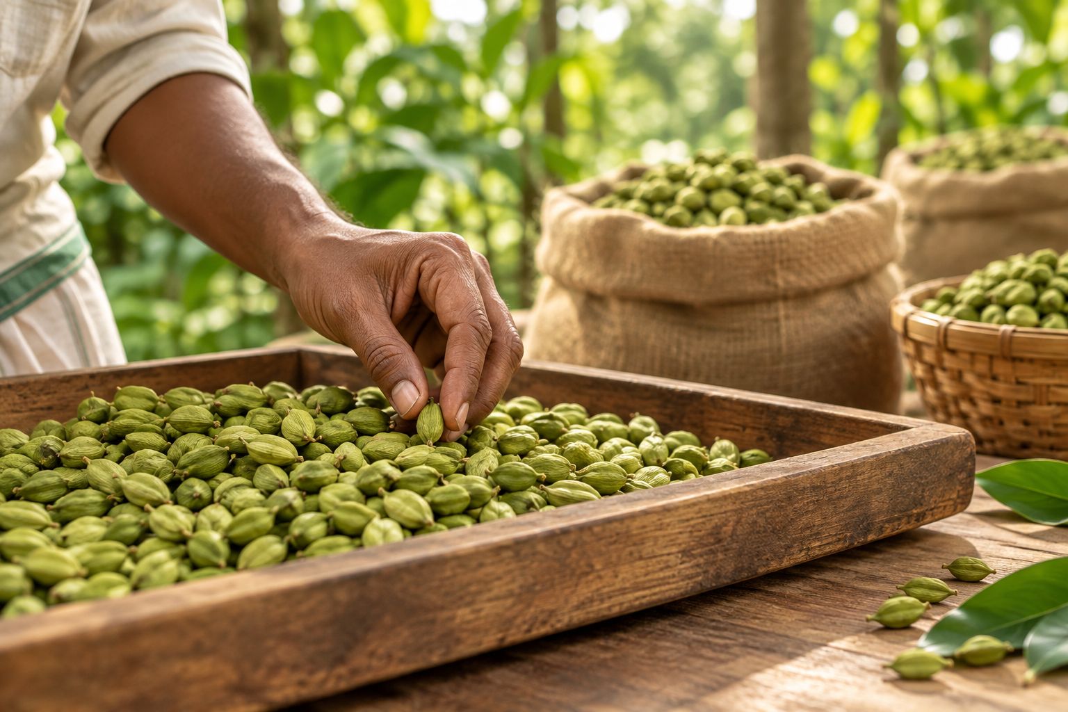 Hand sorting bold green cardamom pods on a tray at a Kerala estate