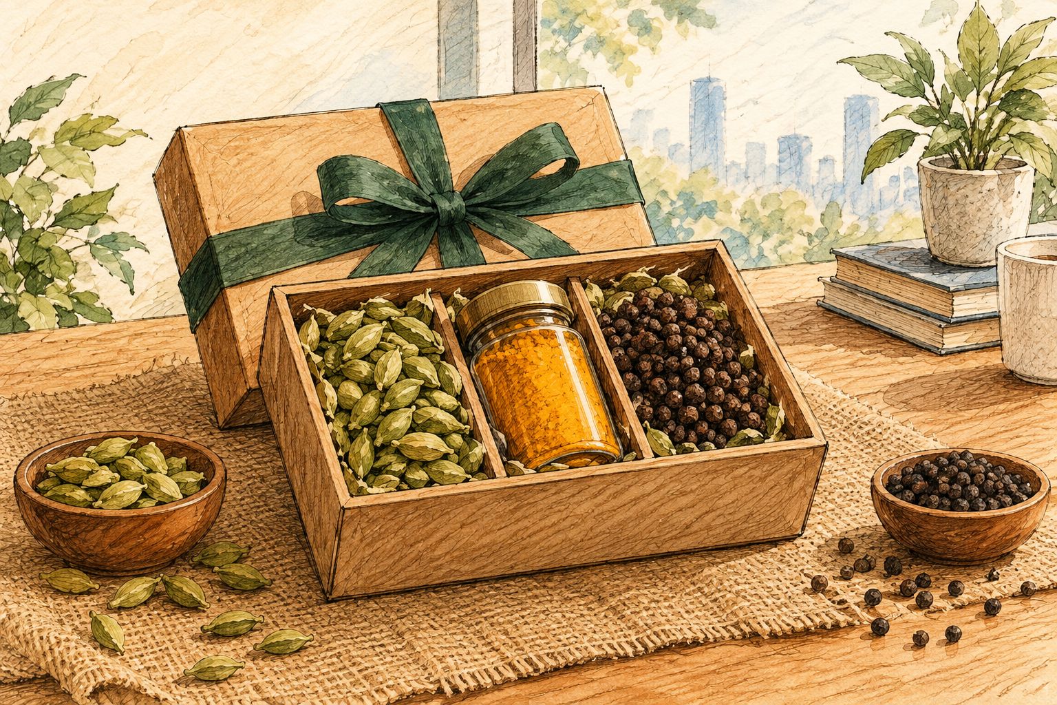 Wooden gift box of dried cardamom pods, peppercorns and turmeric powder for corporate gifting