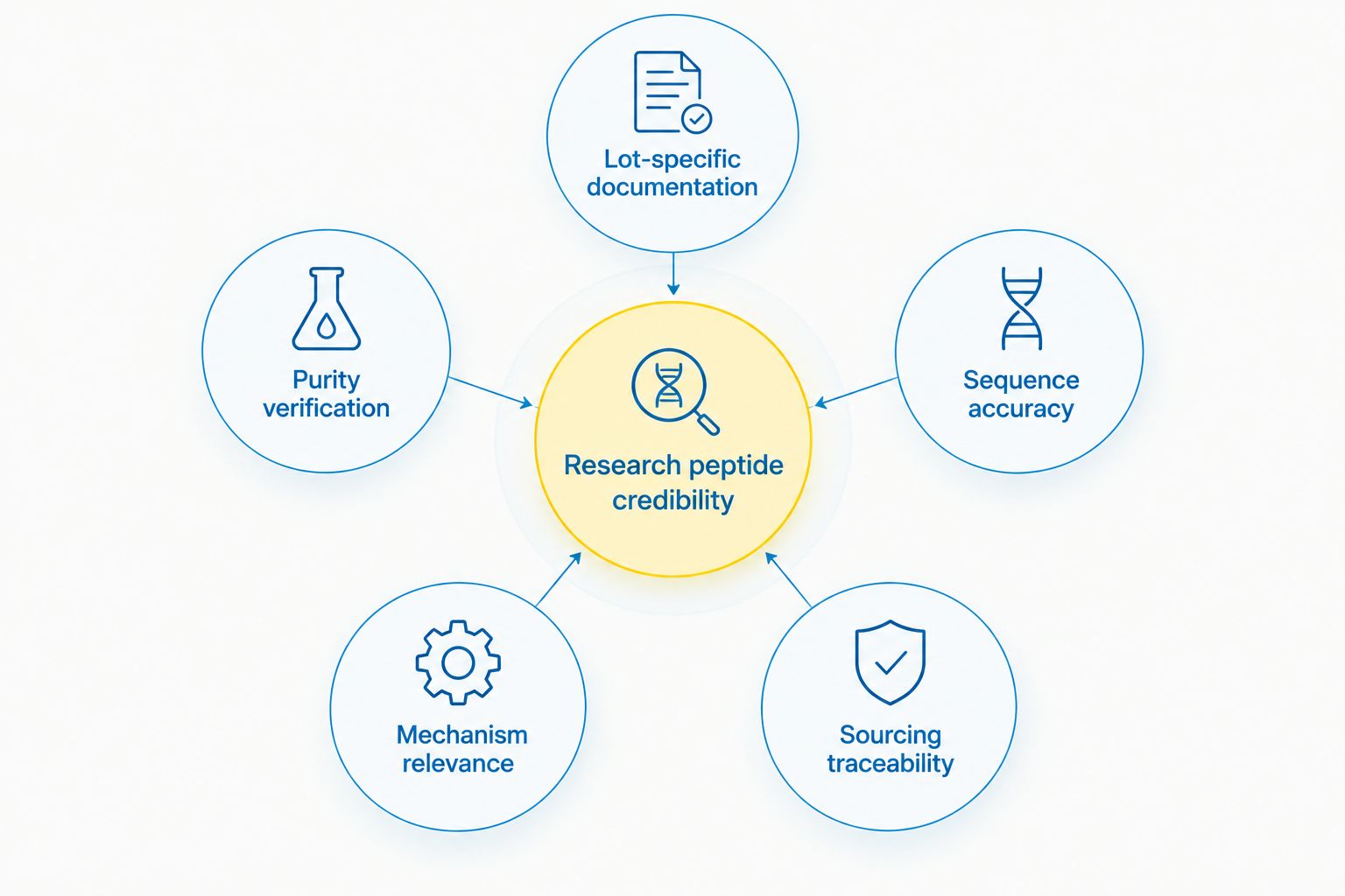 Hub and spoke diagram of criteria for credible testosterone-pathway research peptides