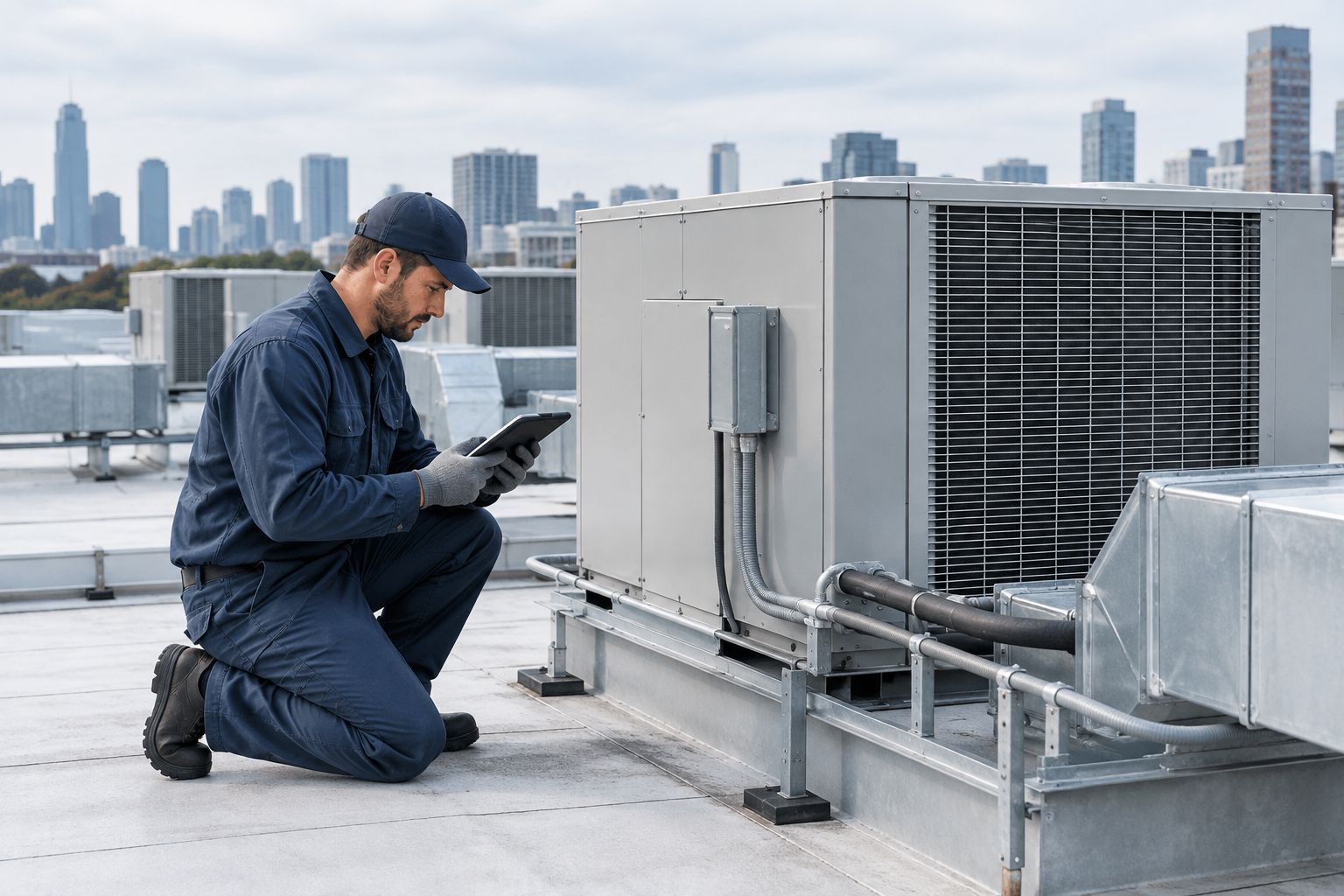 Commercial rooftop HVAC units being documented for a property inventory