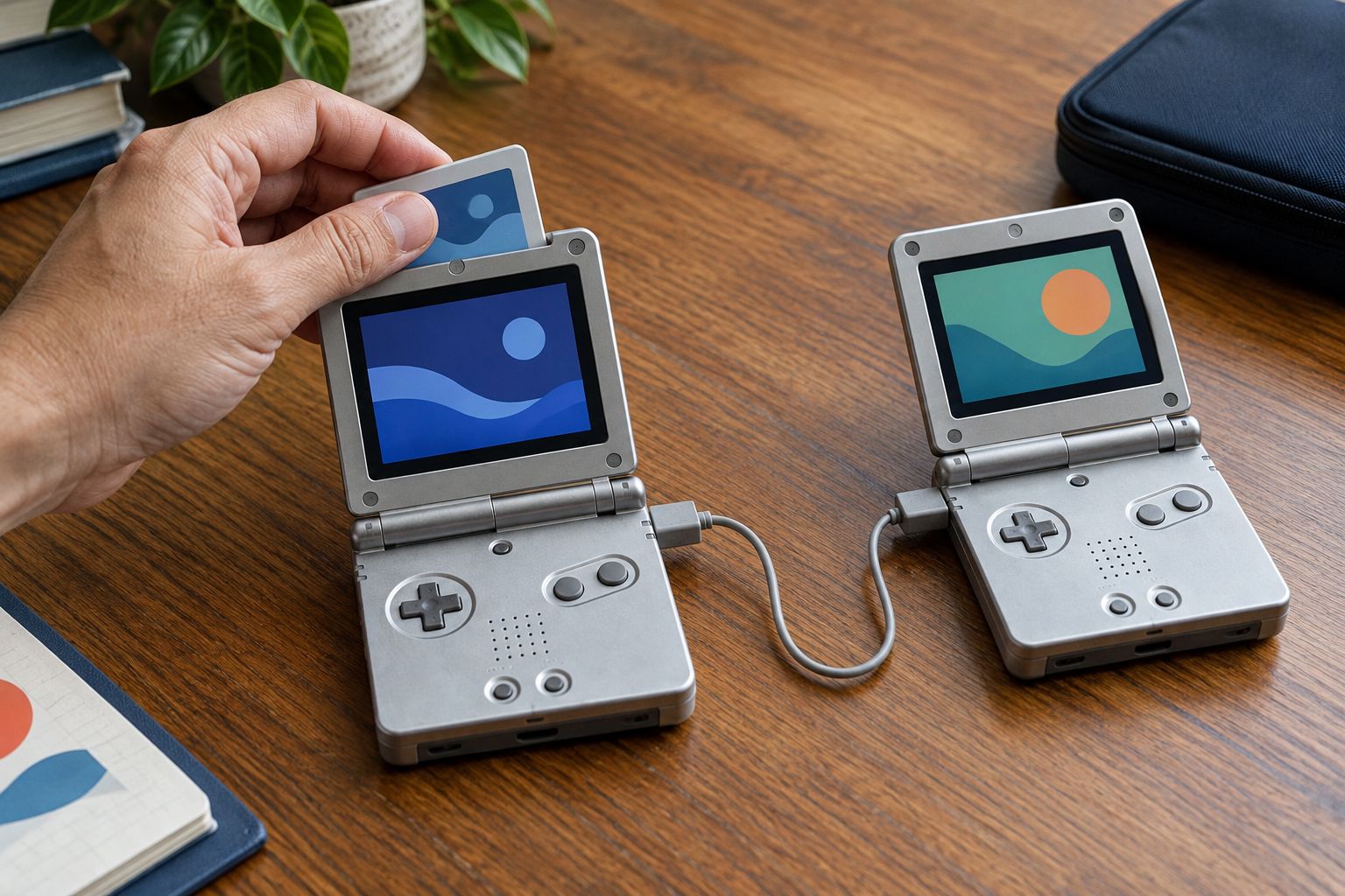 Hand swiping a dot-code card through an e-Reader slot on a handheld console