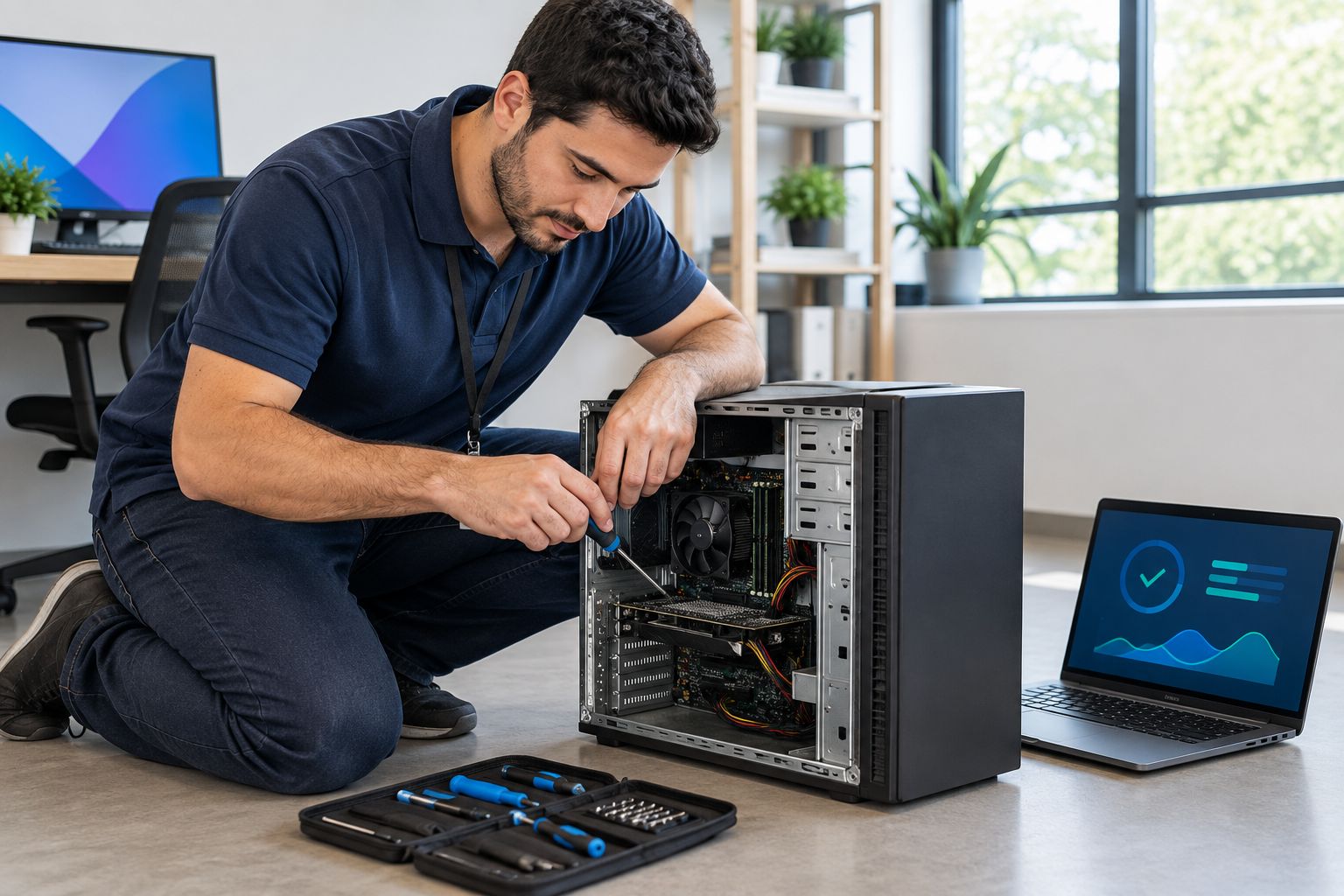 Technician performing on-site computer repair in a small office