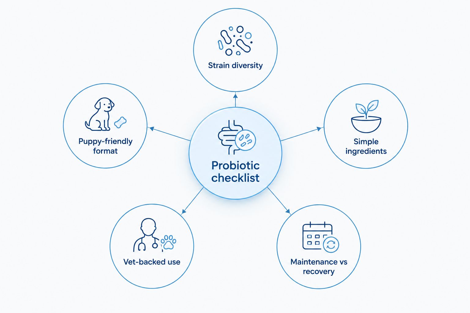 Diagram of five criteria for choosing a French Bulldog puppy probiotic