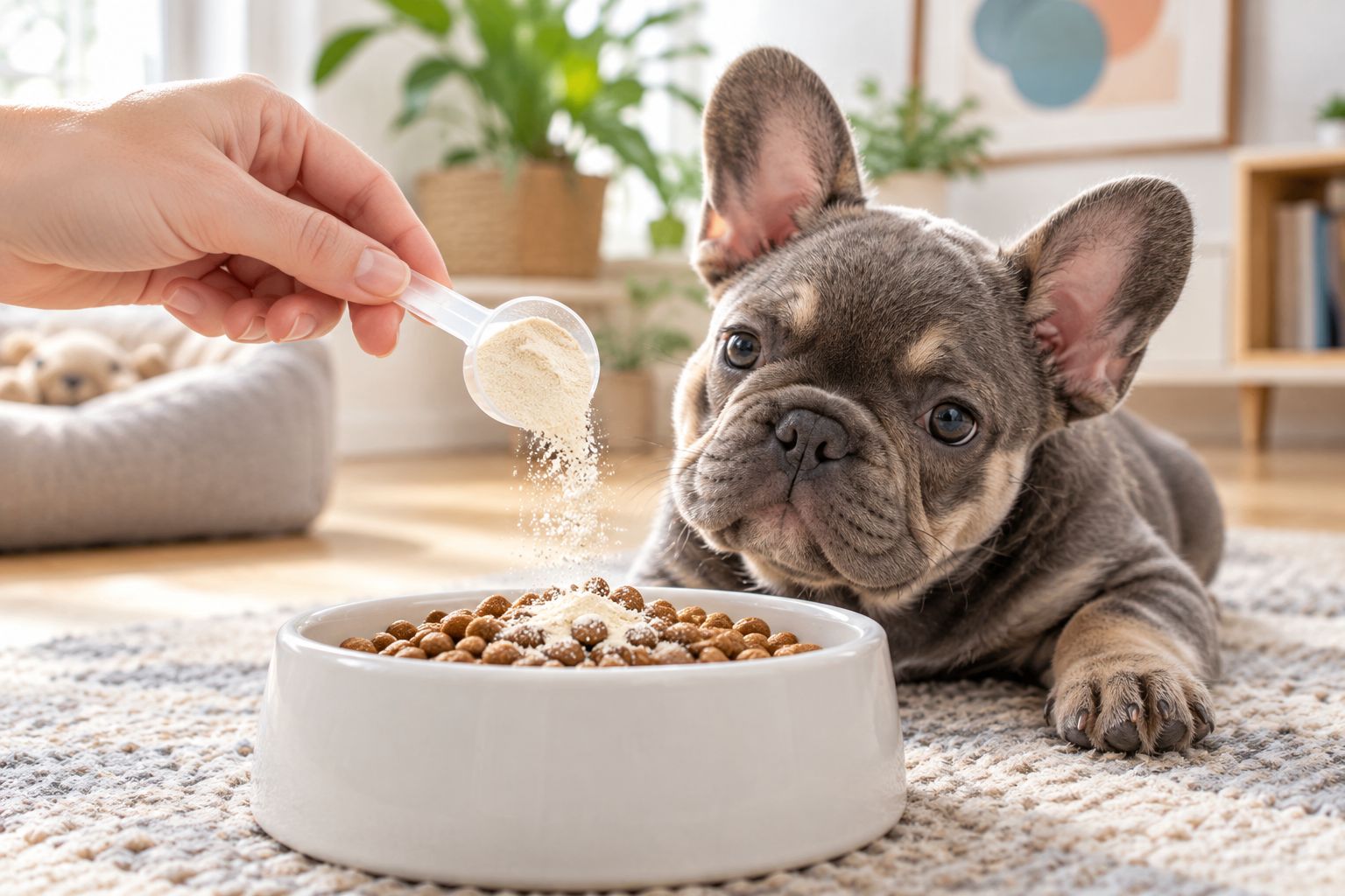 Powder probiotic sprinkled over a puppy's food bowl