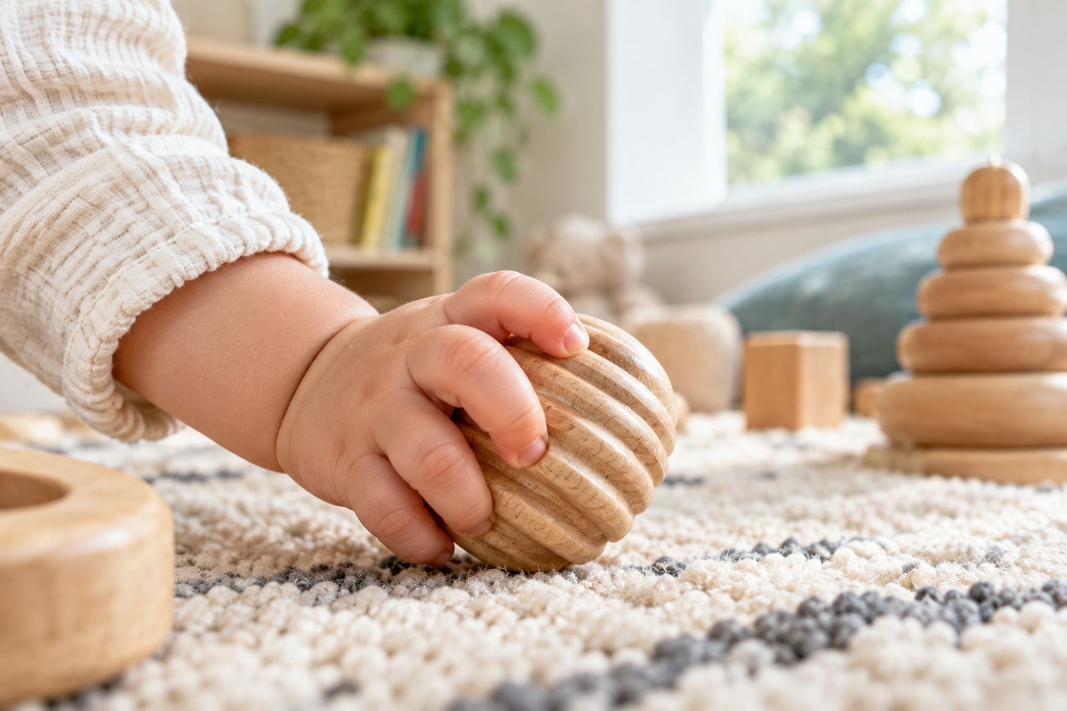 Baby's hand gripping a ridged wooden teething toy