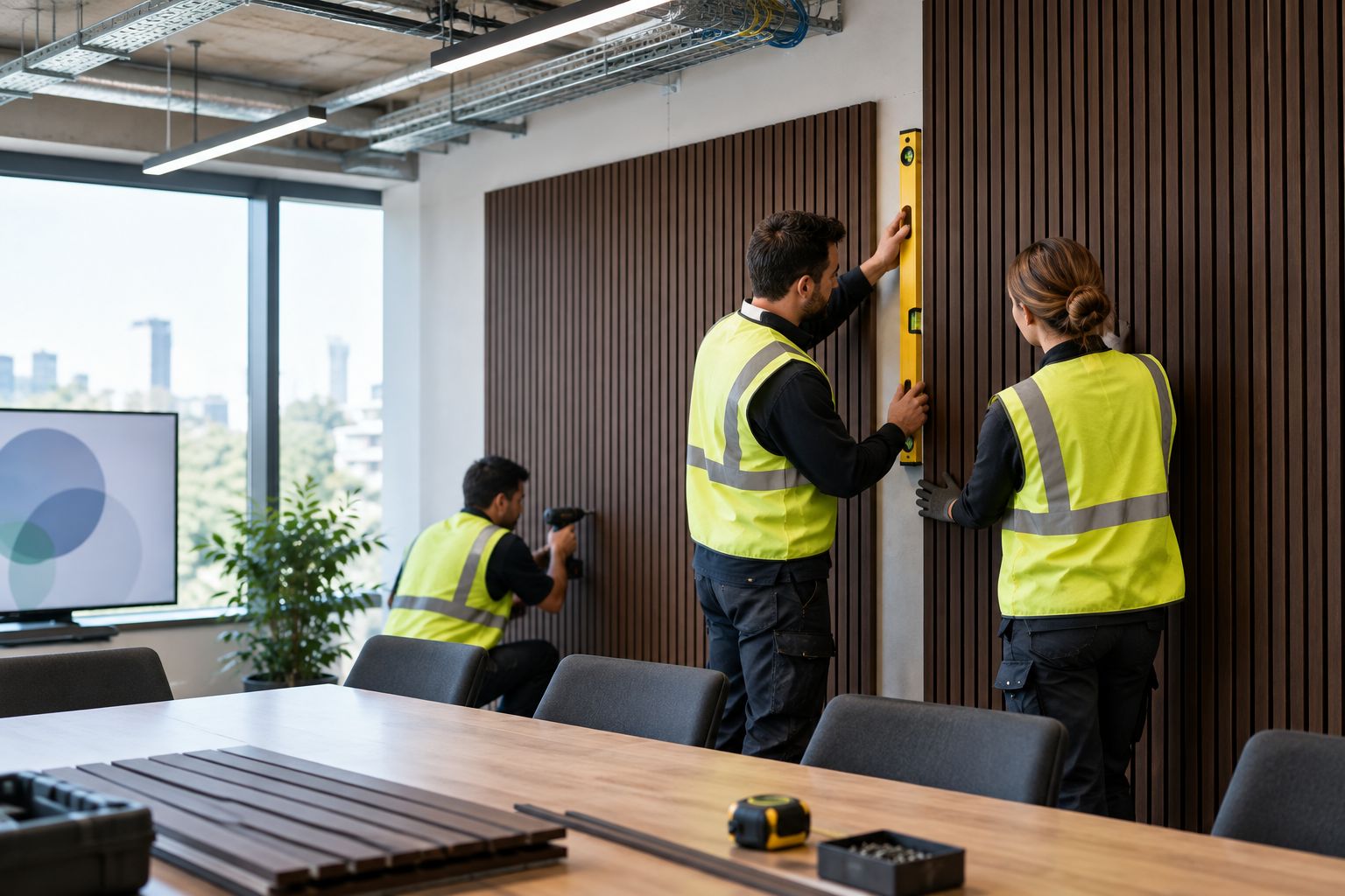 Fit-out crew installing dark wood acoustic slat panels in an office boardroom