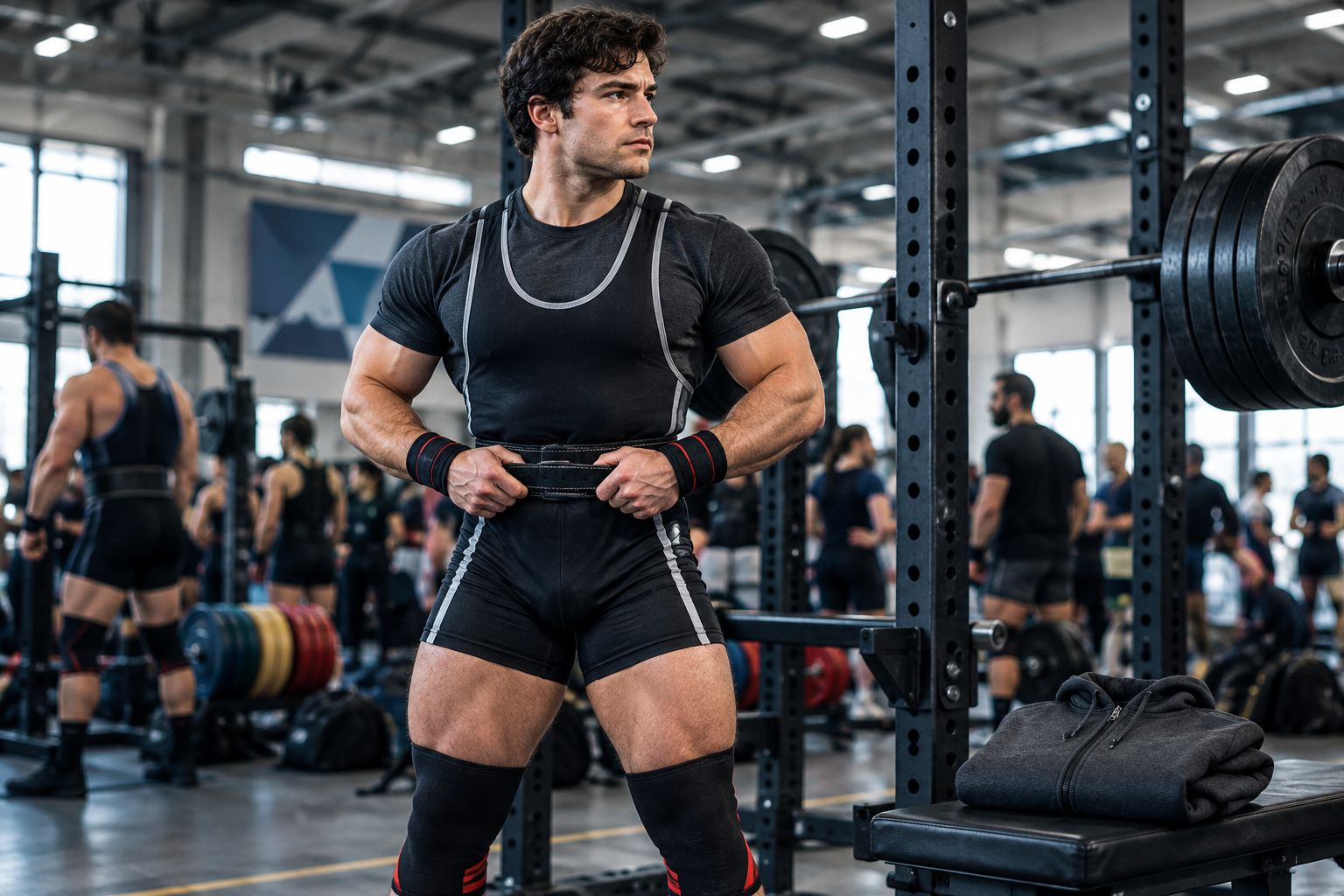 Powerlifter preparing beside a squat rack with a warm-up hoodie nearby