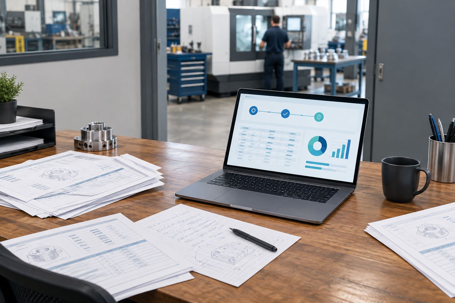 Machine shop desk with paper purchase orders and a quote spreadsheet