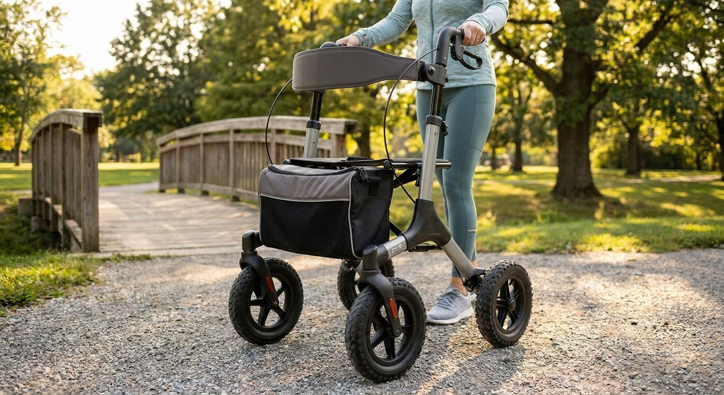 Rollator walkers for outdoor mobility support