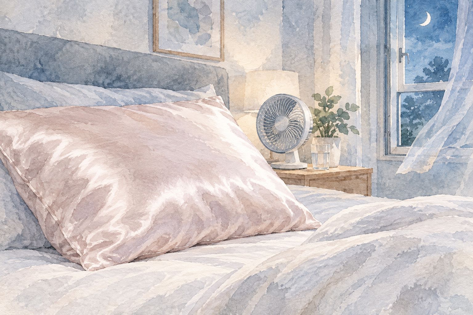 Silk pillowcase on a bed in a cool, dimly lit bedroom