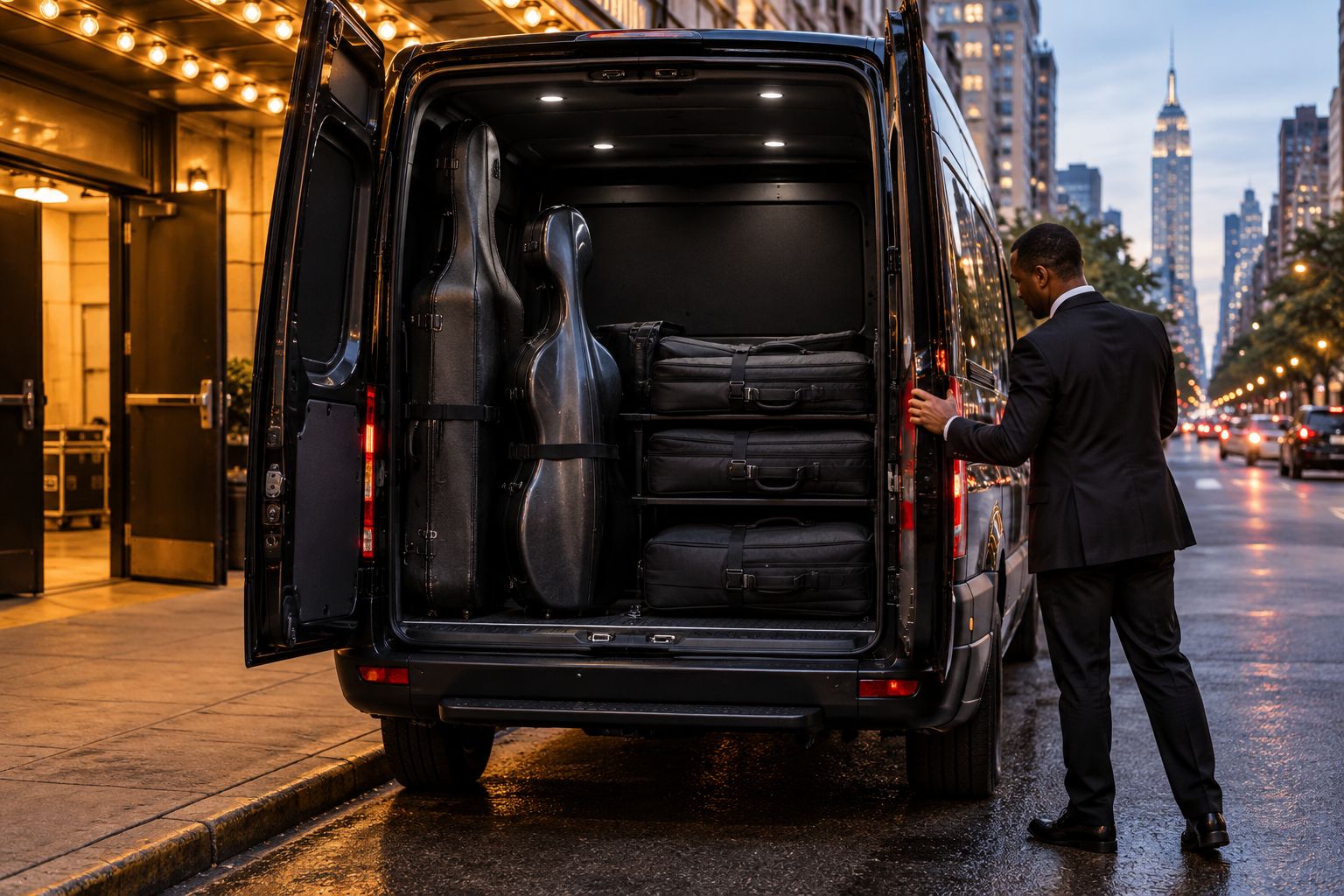 Sprinter van cargo bay loaded with instrument cases at a stage door