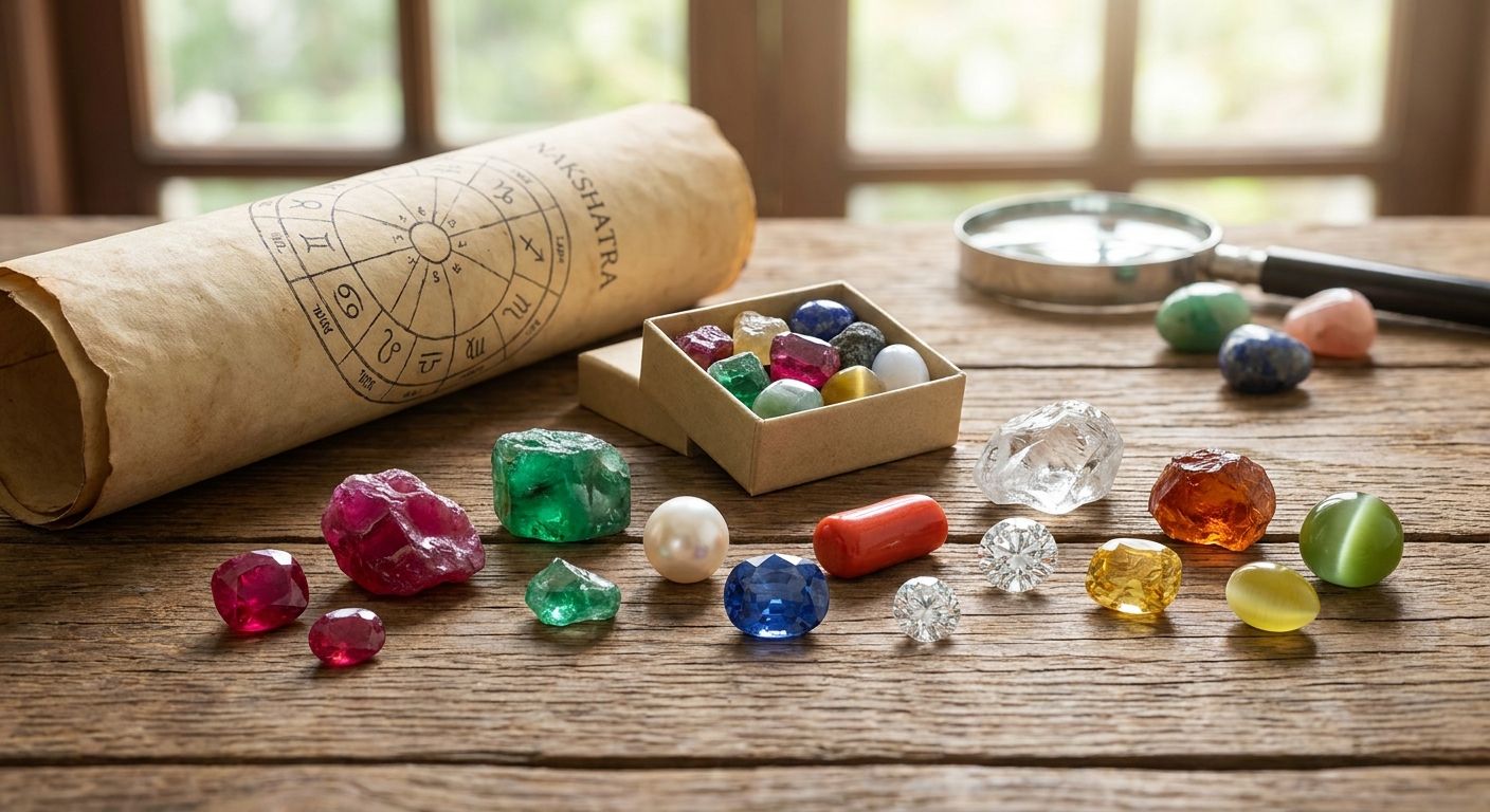 Assorted gemstones beside a rolled nakshatra chart and magnifying glass