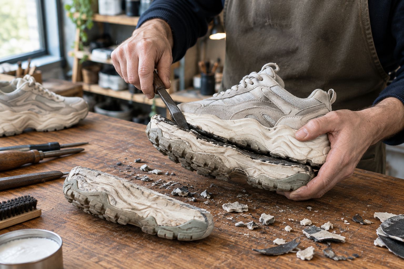 Cobbler separating a worn platform sole from a chunky trainer upper