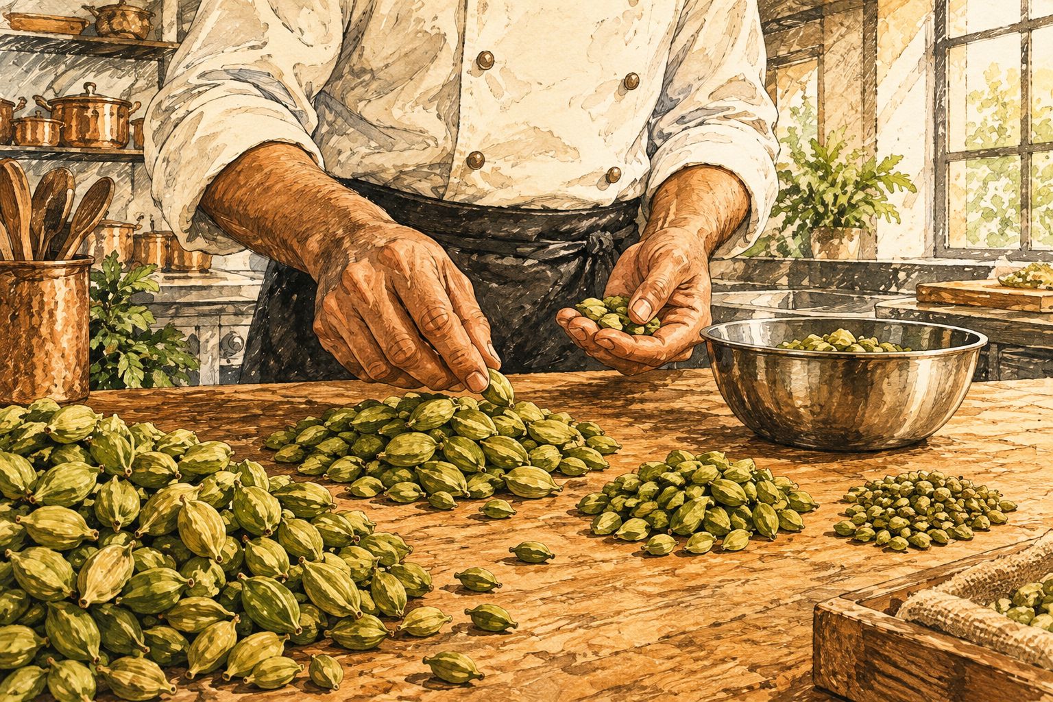 Chef hand-sorting green cardamom pods by size on a prep table