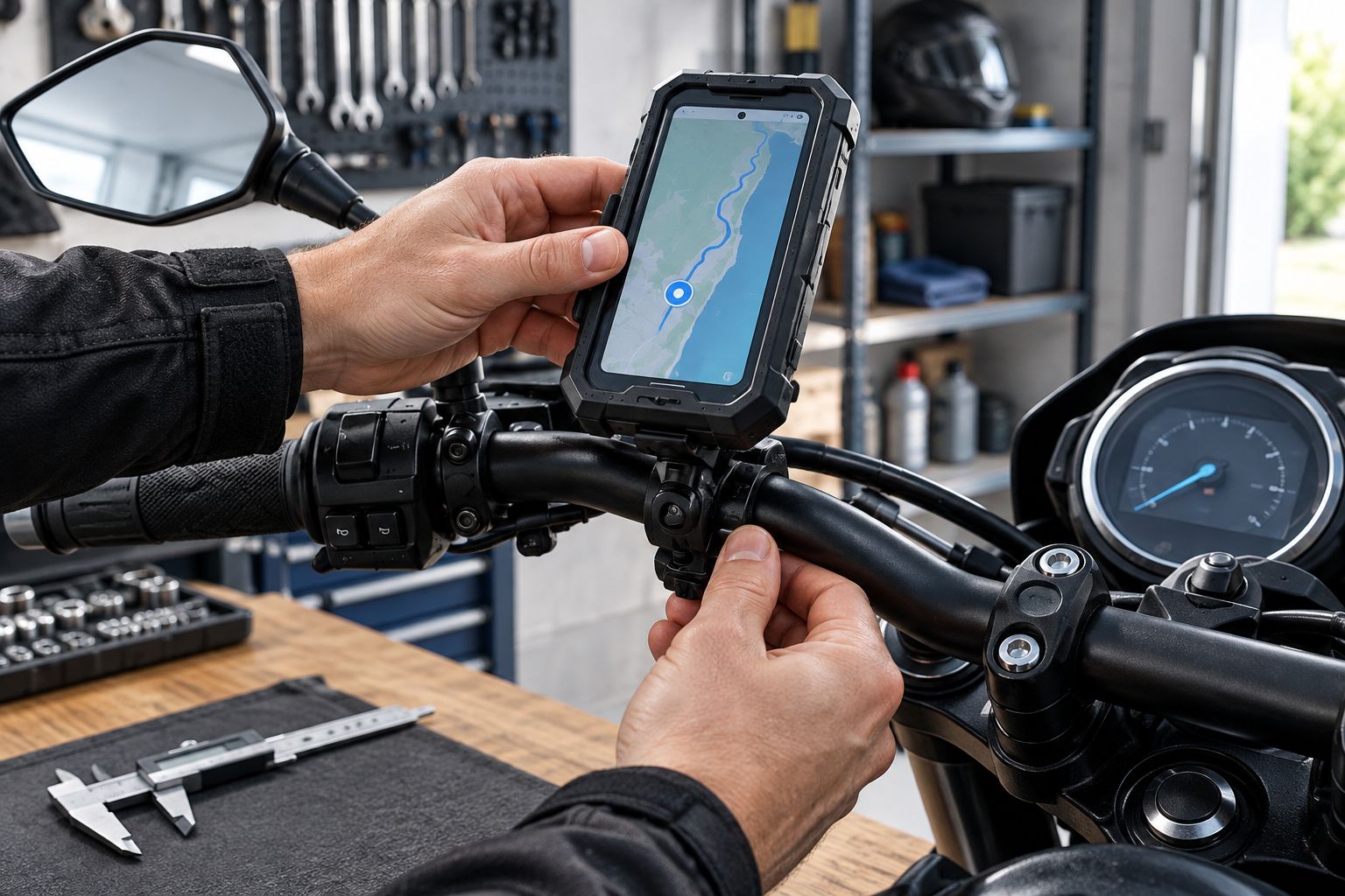 Montage van een telefoonhouder op een motorstuur met controle van de stuurmaat