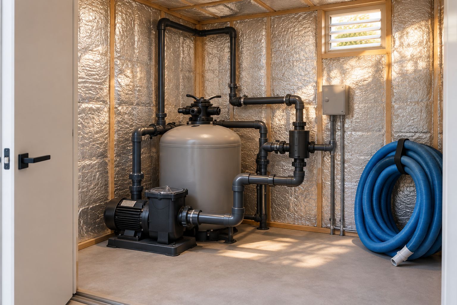 Pool equipment room interior showing closed-cell foam insulation along the wall studs