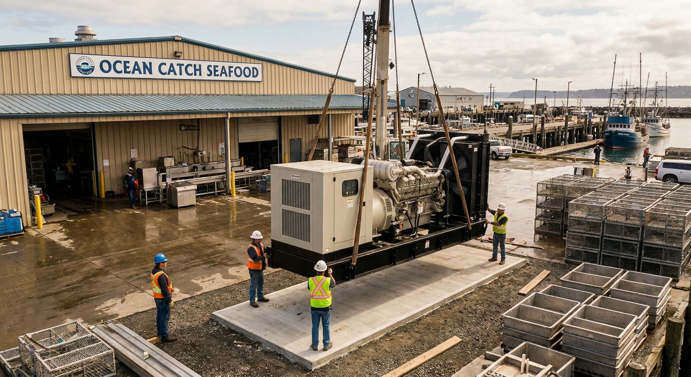 Generator installation for oyster and seafood processing facilities