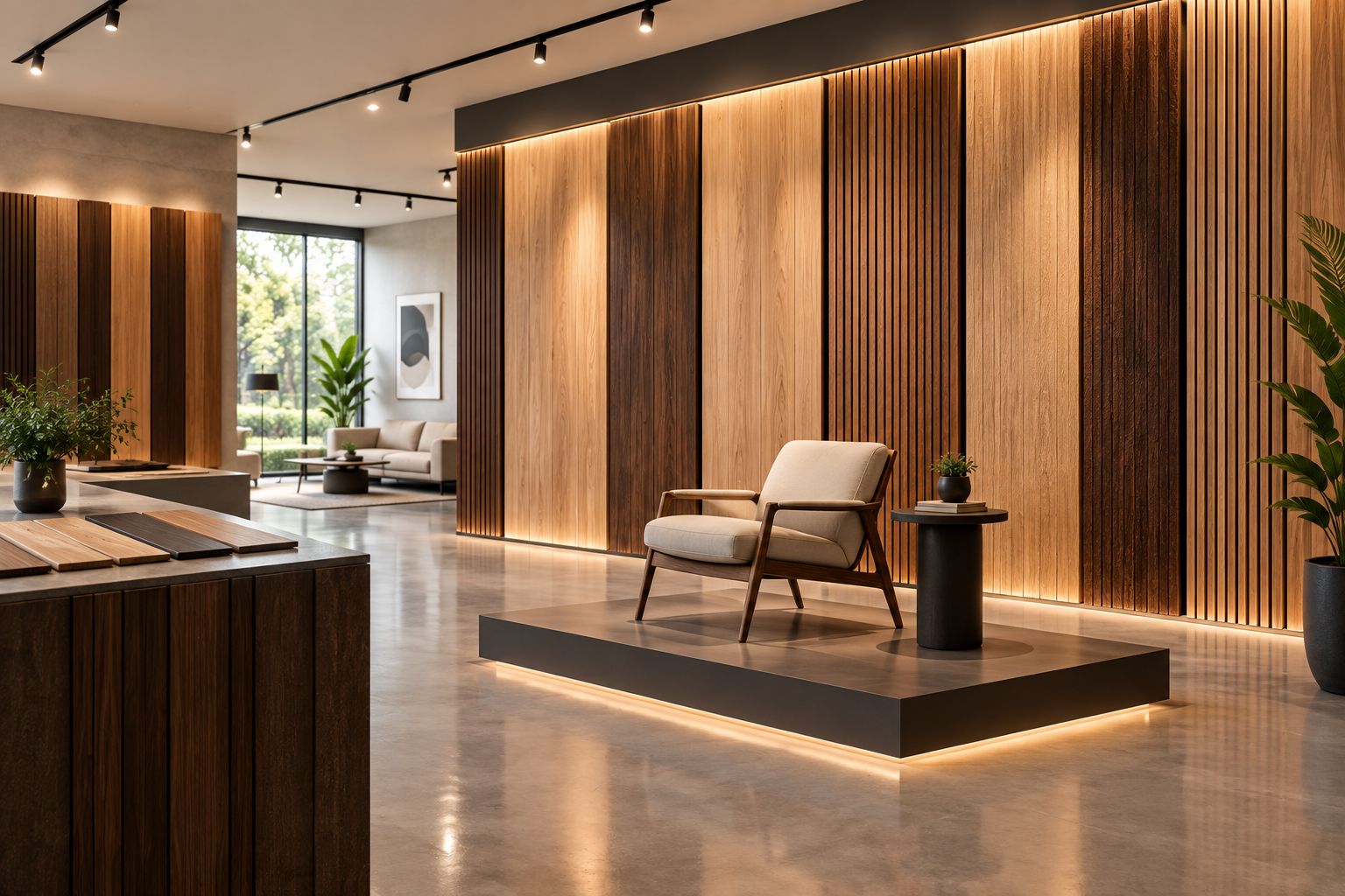 Moderner Showroom mit Holzpaneel-Wand hinter einem Exponat