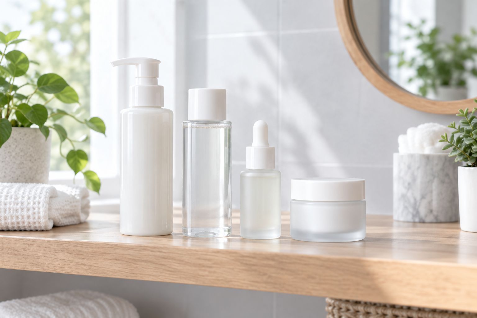 Skincare bottles arranged in routine order on a bathroom shelf
