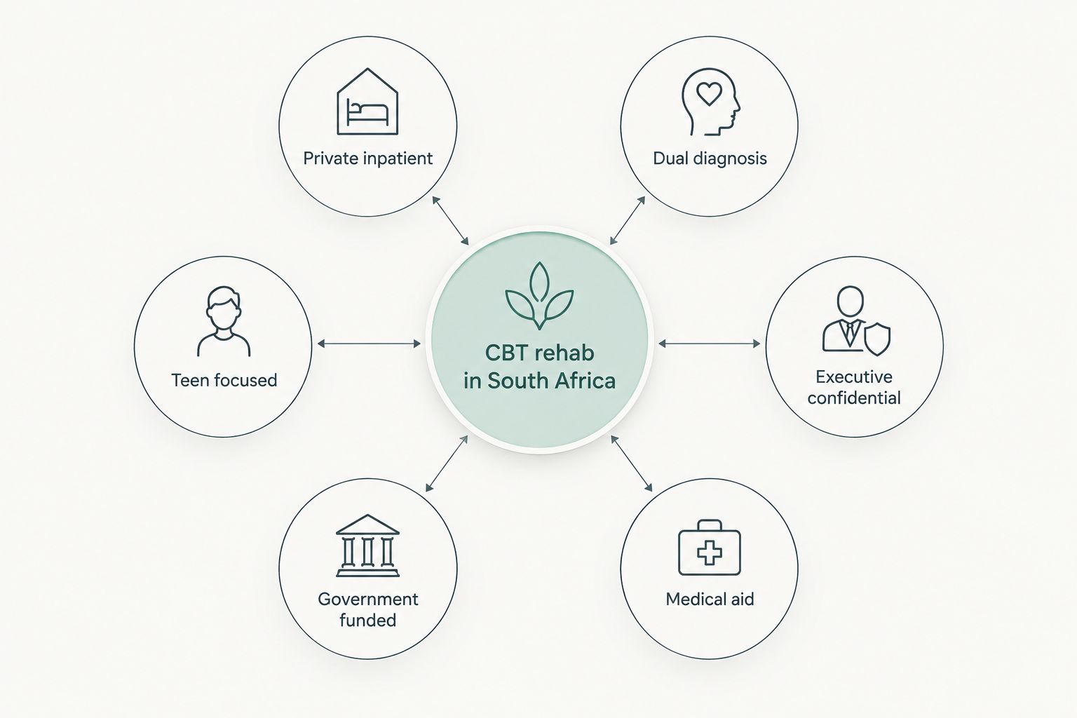 Diagram showing six pathways through CBT rehab in South Africa