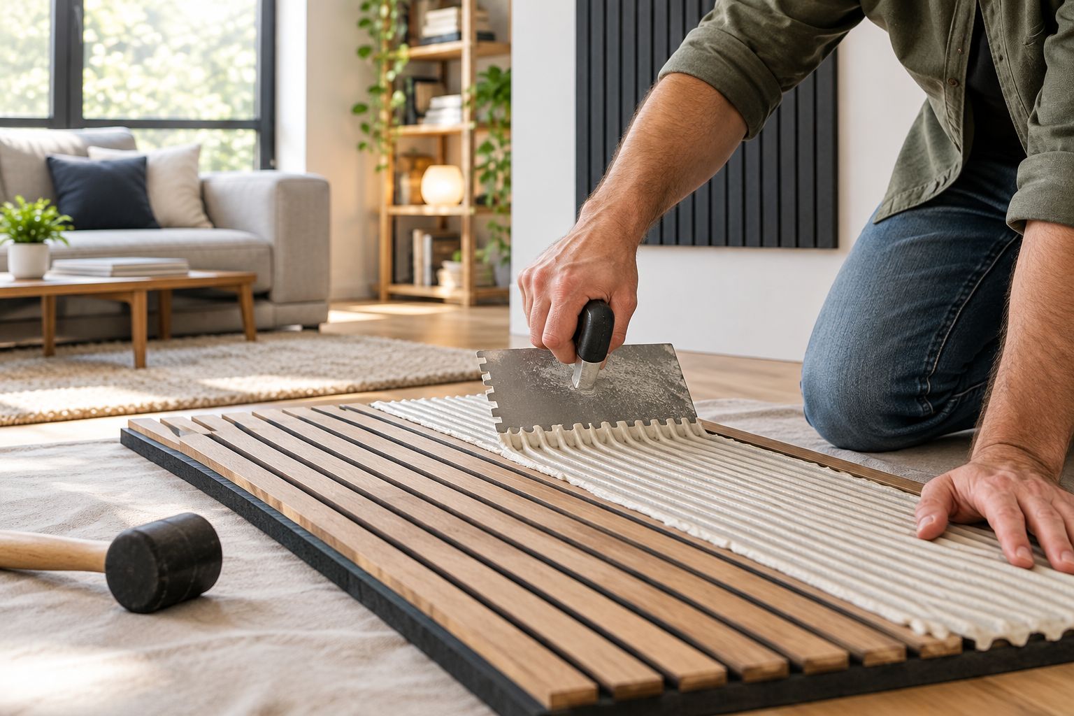 Hands applying glue to the back of a wood slat wall panel before installation