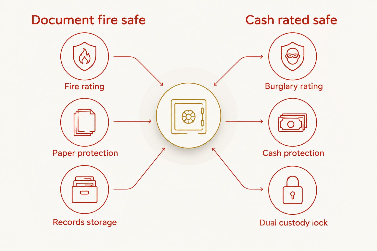 Comparison diagram of document fire safes versus cash rated safes for payroll and HR offices