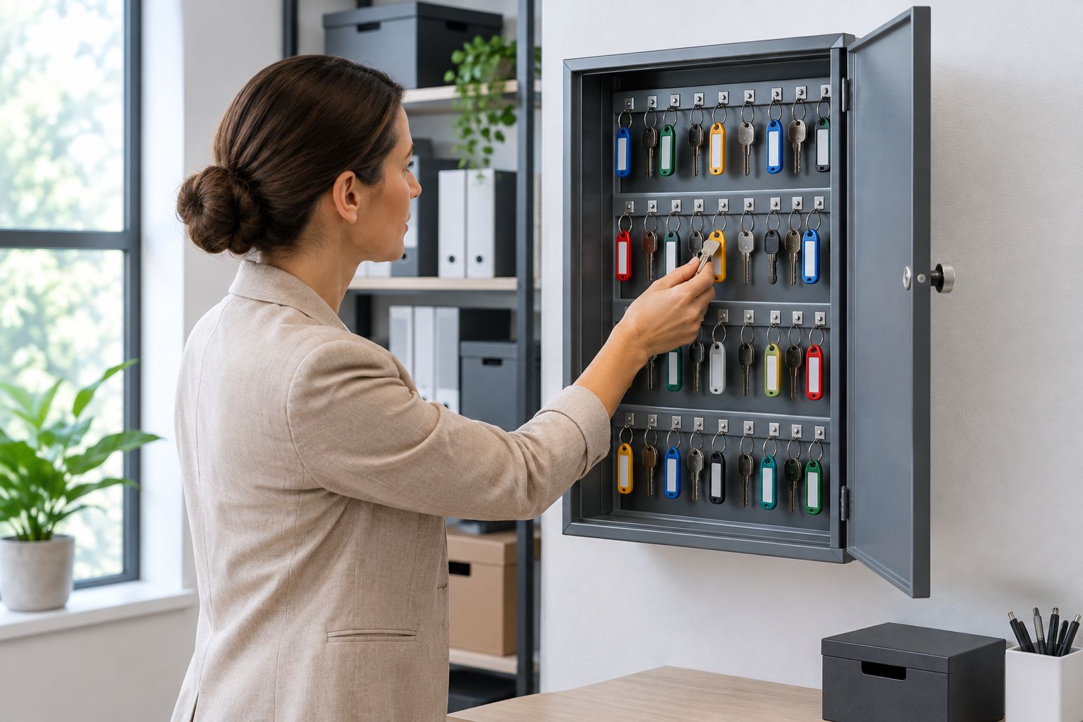 Wall-mounted key cabinet with numbered hooks in an office storage room